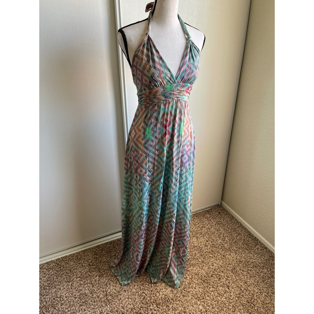 Propina Womens 12 XS Halter Maxi Dress Multicolor Geometric Print Ruched Stretch